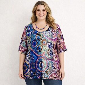 NWT Onque Tunic Top Women 2X Multi Color Medallion Rhinestone Boho‎ Artsy Floral